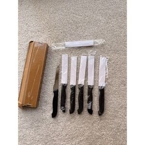 6 Piece Steak Knife Set Serrated Black Handles NEW
